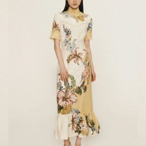 Alemais Oleander Fishtail Linen Midi Dress